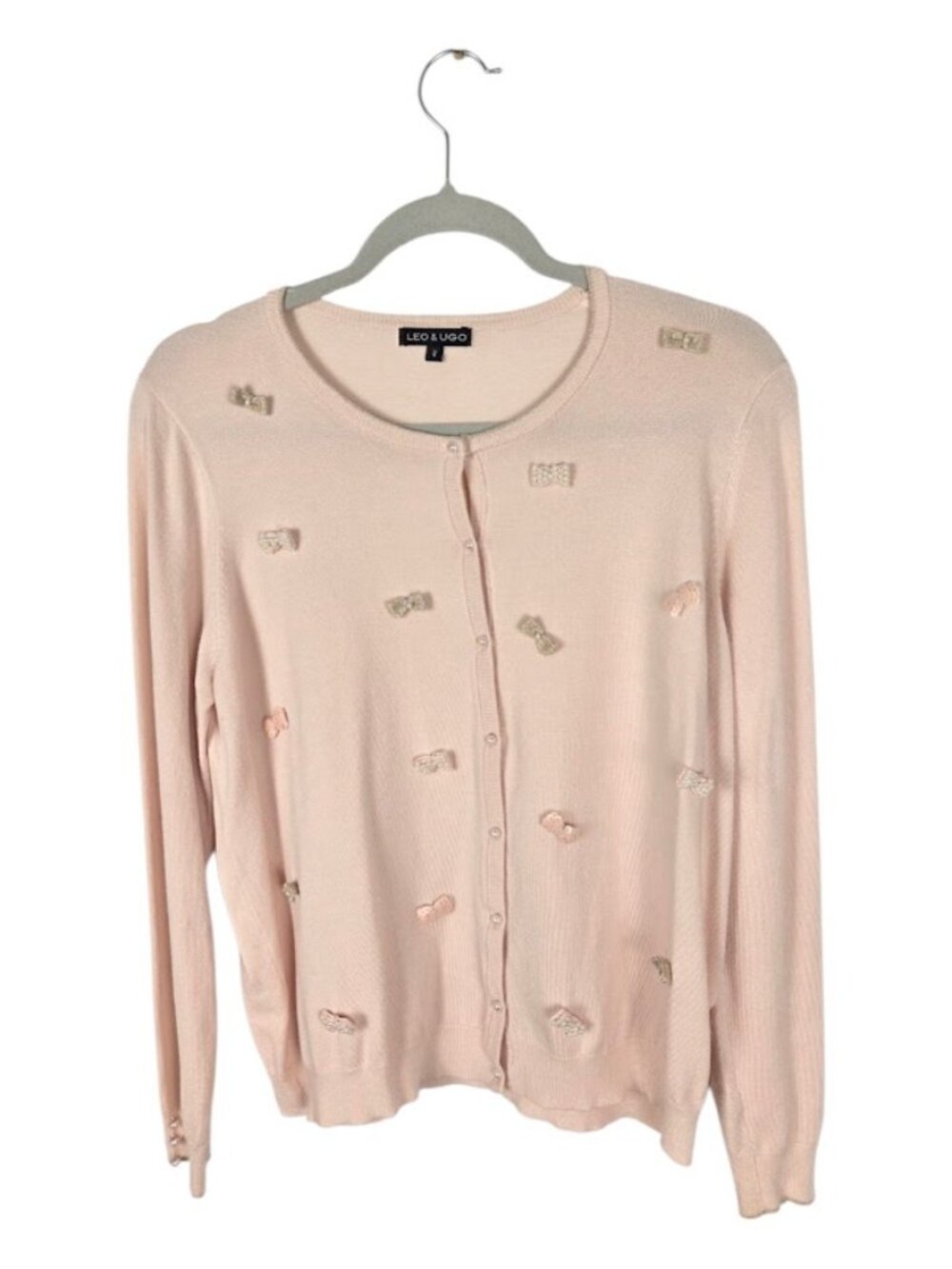 LEO & UGO Paris Embellished Bow Cardigan Blush Pink/Peach Pearl Buttons Size S-M